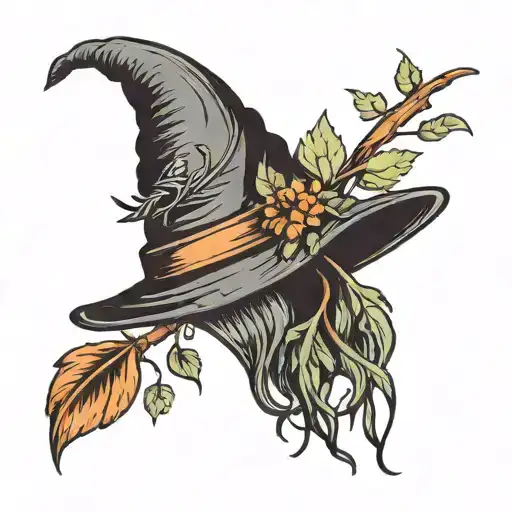 A minimalist design of a witch's hat with a plant growing out of it tattoo design idea