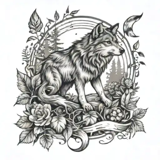 A mystical forest scene with a wolf howling at the moon, surrounded by coffee beans and plants tattoo design idea