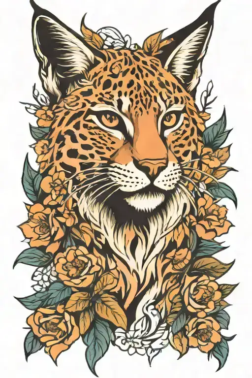 Lynx and flowers tattoo design idea