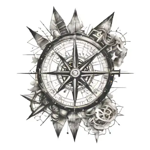 Create a visualized tattoo: A compass that shows 12.09 in trash polka style on the upper arm tattoo design idea