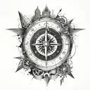 Create a visualized tattoo: A compass that shows 12.09 in trash polka style on the upper arm tattoo design idea
