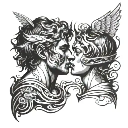 male angel and dark side face profile holding tattoo design idea