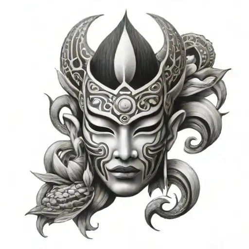 Hanya mask,yin yan and third eye tattoo design idea