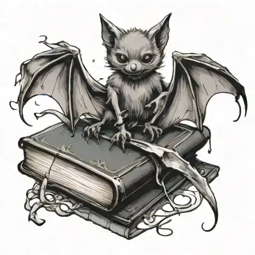 A bat symbol intertwined with elements of a student's life like books and pens tattoo design idea