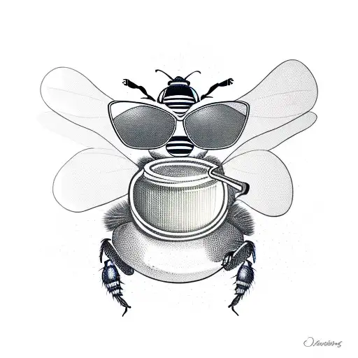 A new-school design of a bee wearing sunglasses and holding a jar of honey tattoo design idea