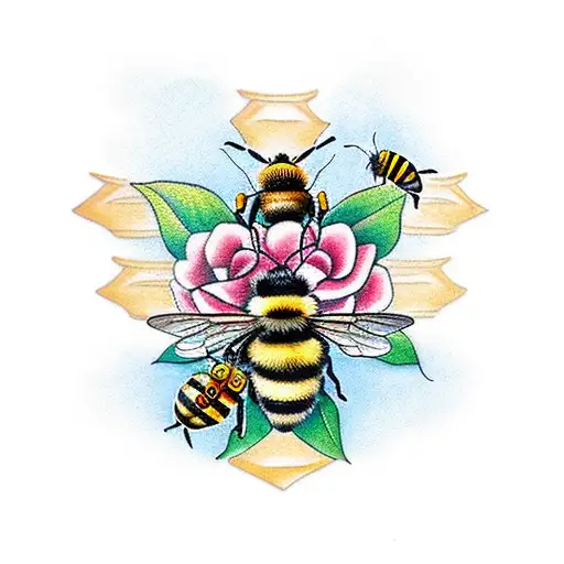 A traditional tattoo of a bee surrounded by honeycombs and flowers tattoo design idea