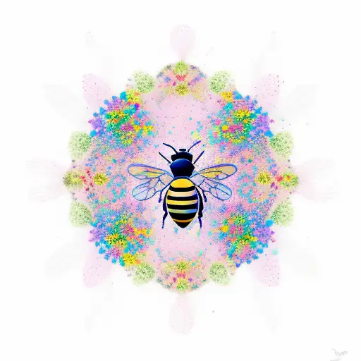 A new-school design of a bee flying through a field of colorful flowers tattoo design idea