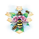 A traditional tattoo of a bee surrounded by honeycombs and flowers tattoo design idea
