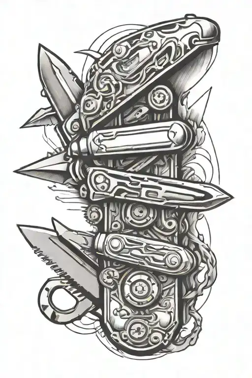 swiss army knife morphing tattoo design idea