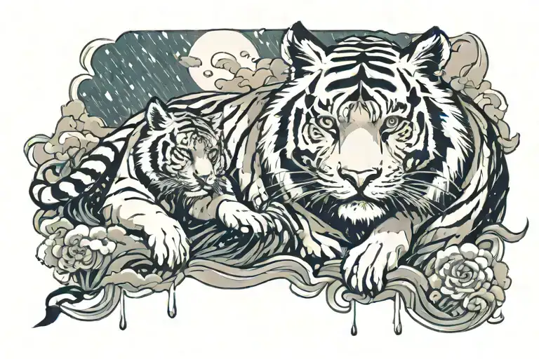 tiger and rain clouds tattoo design idea
