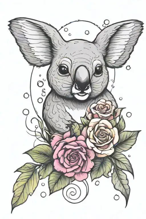 flowers and roses and koala and humming bird and bubbles  tattoo design idea