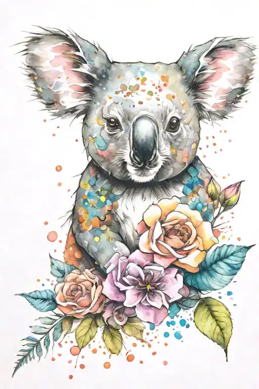 flowers and roses and koala and humming bird and bubbles  tattoo design idea