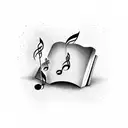 music note, a book and a paint brush in a waterfall tattoo design idea