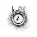 music note, a book and a paint brush in a waterfall tattoo design idea