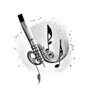 music note, a book and a paint brush in a waterfall tattoo design idea