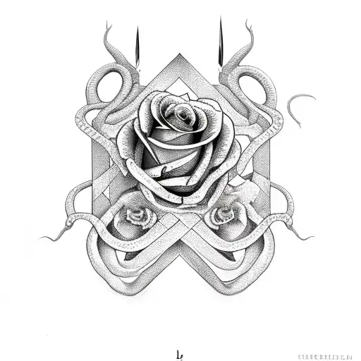 Snake rapped around a dagger with roses tattoo design idea