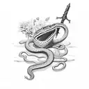 Snake rapped around a dagger with roses tattoo design idea