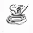 Snake rapped around a dagger with roses tattoo design idea