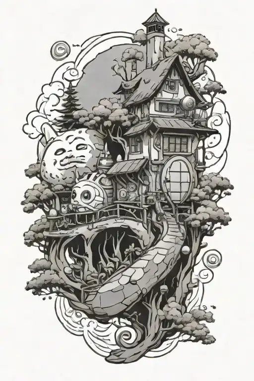 studio ghibli leg sleeve tattoo design idea