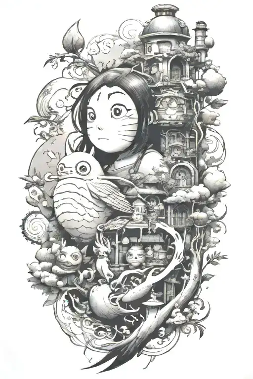 studio ghibli leg sleeve tattoo design idea