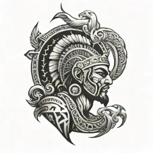 A traditional tattoo design merging Greek and African mythology, showcasing a powerful deity from each culture in a dynamic battle scene tattoo design idea