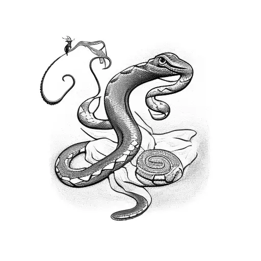 Draw a blackwork tattoo of a snake coiling around an ankh with insects crawling in and out of it tattoo design idea