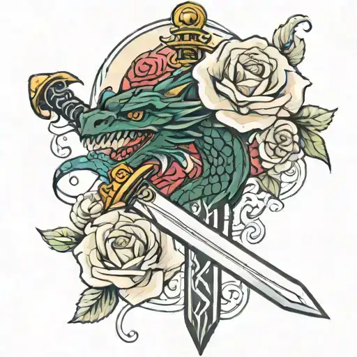 Sword with a dragon wrapped around it and a rose surrounding the sword   tattoo design idea