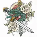 Sword with a dragon wrapped around it and a rose surrounding the sword   tattoo design idea