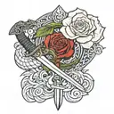 Sword with a dragon wrapped around it and a rose surrounding the sword   tattoo design idea
