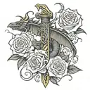 Sword with a dragon wrapped around it and a rose surrounding the sword   tattoo design idea