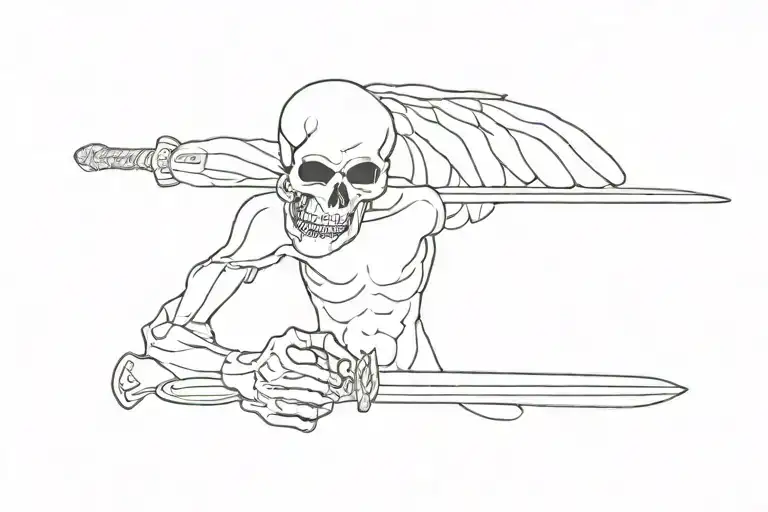 skull knife angel and sword in hand tattoo design idea