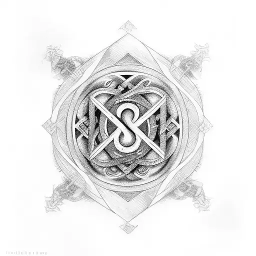 A mystical rune symbol from Elden Ring, surrounded by intricate black and grey geometric patterns tattoo design idea