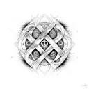 A mystical rune symbol from Elden Ring, surrounded by intricate black and grey geometric patterns tattoo design idea