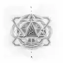 A mystical rune symbol from Elden Ring, surrounded by intricate black and grey geometric patterns tattoo design idea