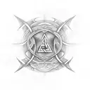 A mystical rune symbol from Elden Ring, surrounded by intricate black and grey geometric patterns tattoo design idea