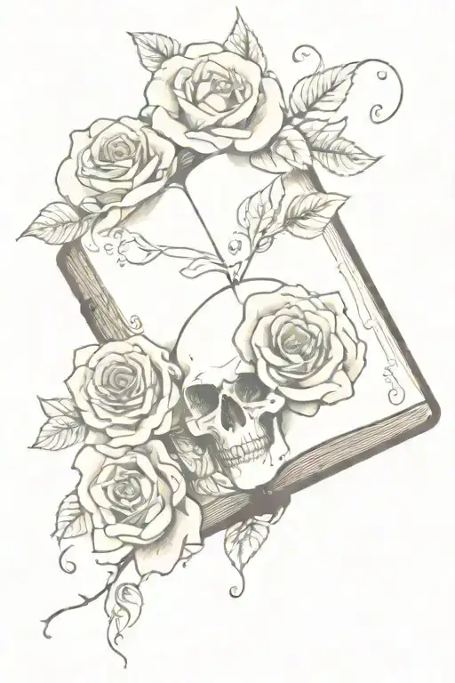 A tattoo of a book with a dark romantic theme, incorporating elements like roses and skulls tattoo design idea