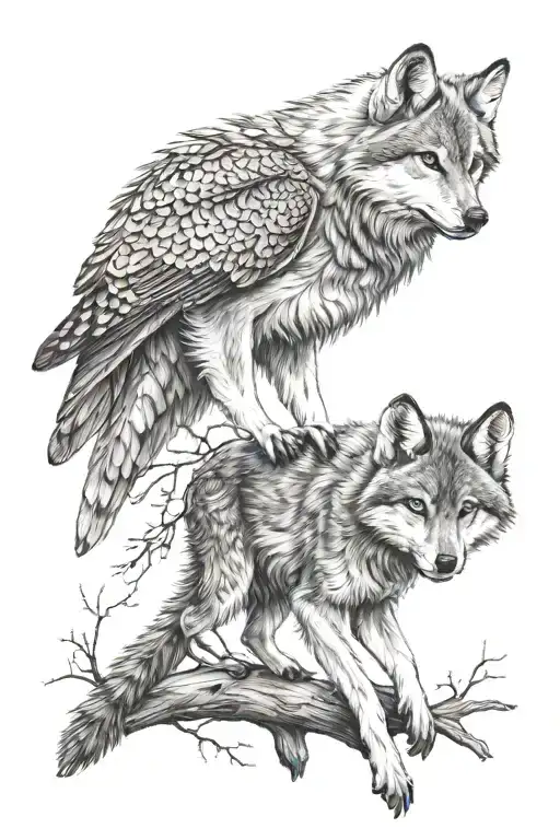 a baby wolf and a hawk  tattoo design idea