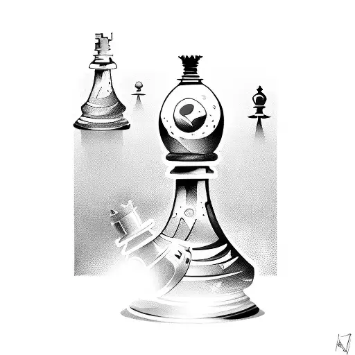 Chess king with an atom in the background tattoo design idea
