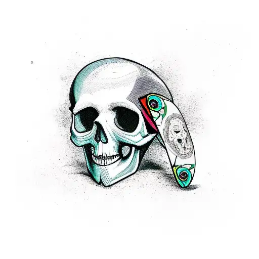 skateboard, skull, mushrooms tattoo design idea