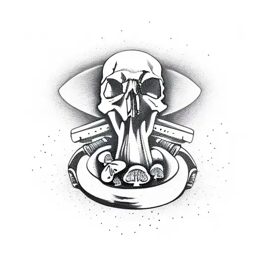 skateboard, skull, mushrooms, trippy tattoo design idea