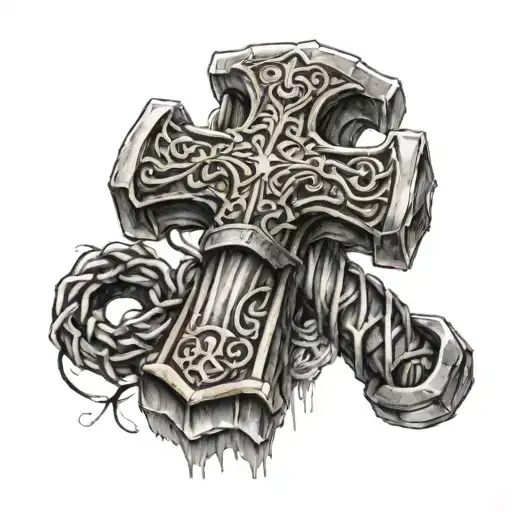 ygdrasli grows out of mjolnir hammer tattoo design idea