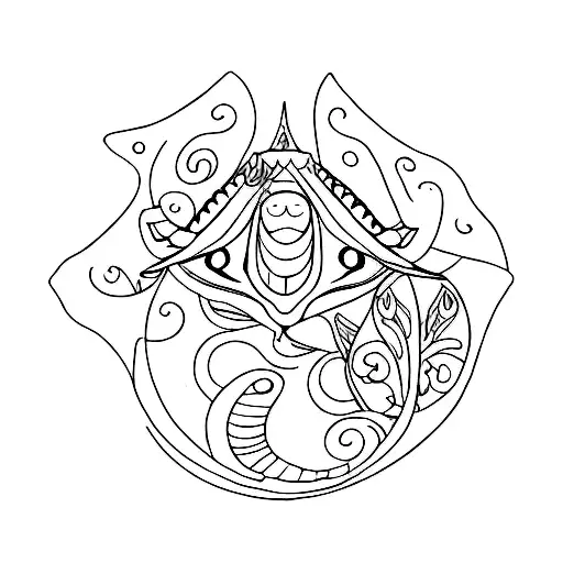 Manta ray, straight tail, style of drawing is like maori island, has a small lotus flower in the middle of the manya ray tattoo design idea