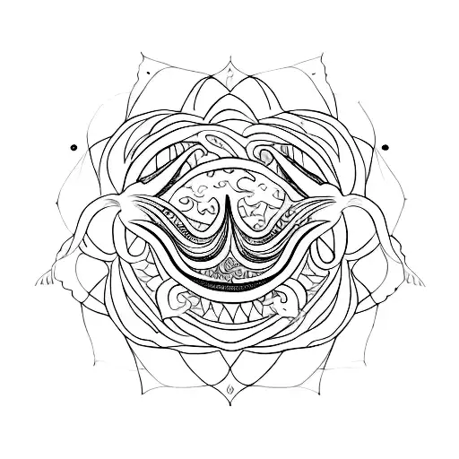 Manta ray, straight tail, style of drawing is like maori island, has a lotus flower in the middle of the manya ray tattoo design idea