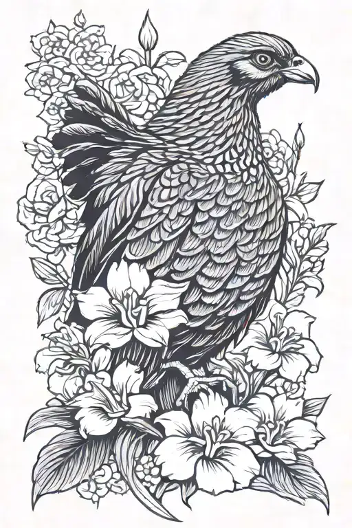 a famous grouse bird head with gladiolis flowers in the back ground and two dates hidden in there   tattoo design idea