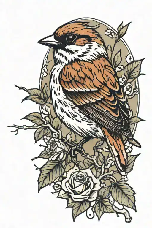 Sparrow perched on branch in rose bush branch long tattoo design idea
