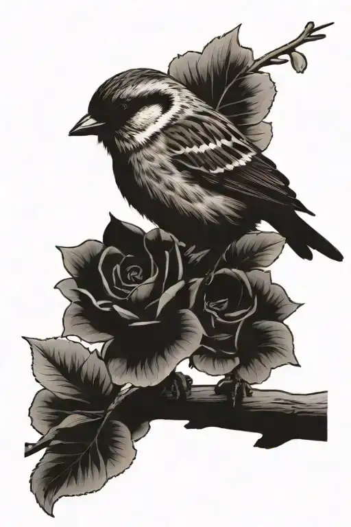 Sparrow perched on branch in rose bush long tattoo design idea