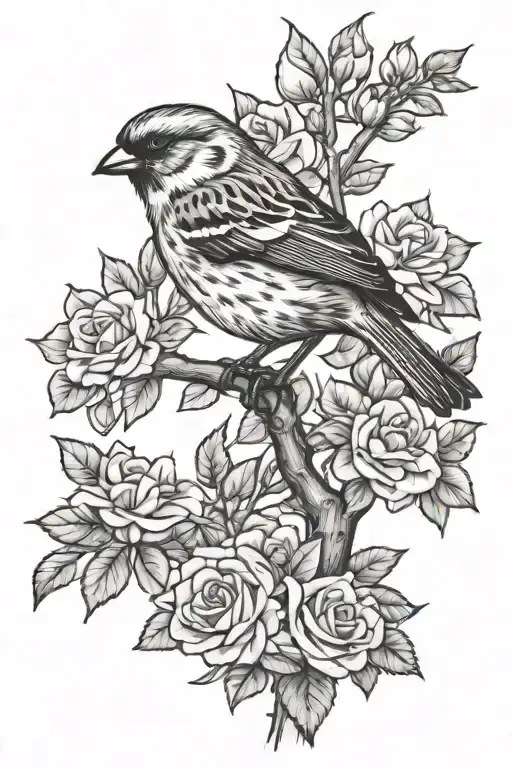 Sparrow perched on branch in rose bush long tattoo design idea