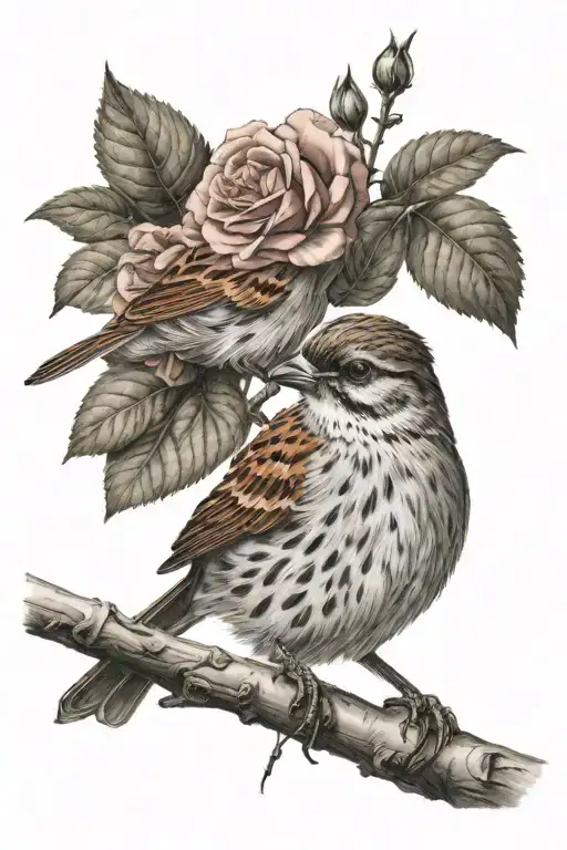 Sparrow perched on branch in rose bush long tattoo design idea