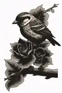 Sparrow perched on branch in rose bush long tattoo design idea