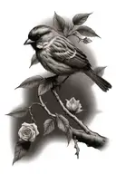 Sparrow perched on branch in rose bush long tattoo design idea